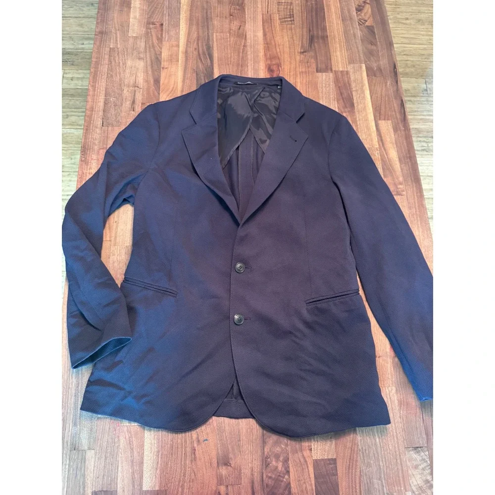 Emporio Armani Mens Navy Blue Textured Pique Knit 2-Button Blazer Sport Coat
